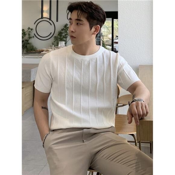 Men Solid Ribbed Knit Top, Elegant Men Shirt - Picture 6 of 9